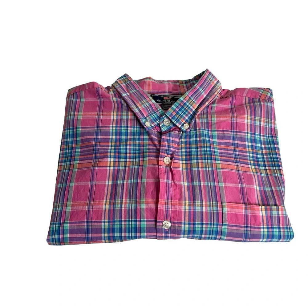 Vineyard Vines Mens XXL Slim Fit Murray Shirt Pink Blue Plaid Cotton 1W1997